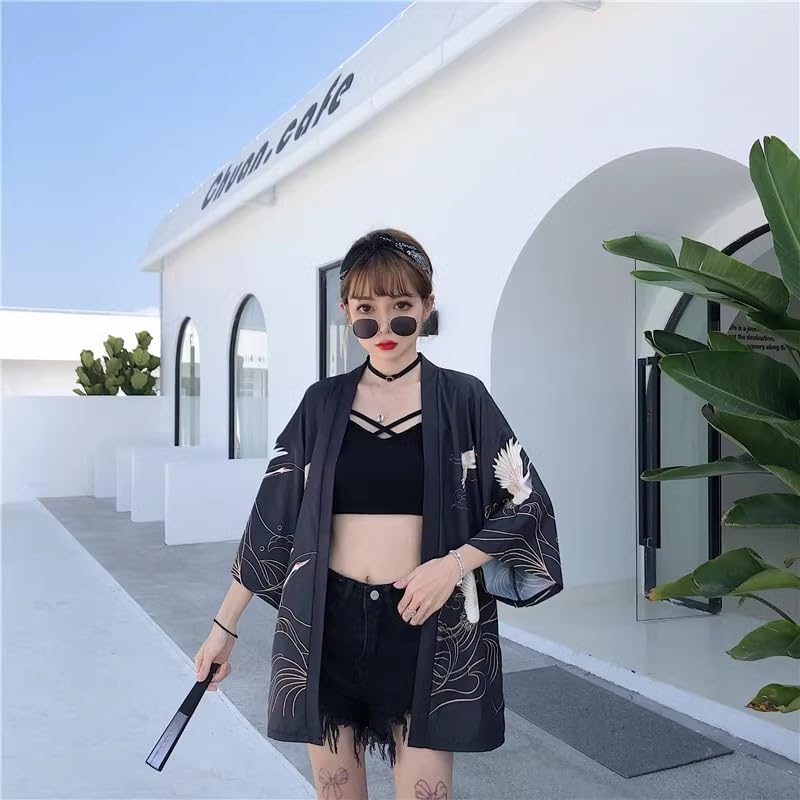 Image of LAI MENG FIVE CATS Women's Floral Print Loose Blouse Japanese Kimono Tops | Puff Sleeve,Cover up Top,Casual Cute Tops,Summer Cardigans 2026