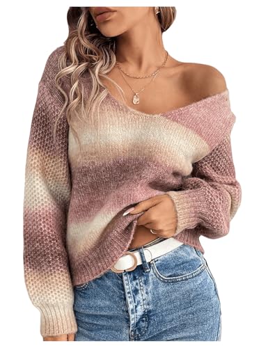 Image of GORGLITTER Women's Oversized Rainbow Colorful Sweater Cute Chunky Long Sleeve Fall Striped Knit Tops 2025 Dusty Purple Medium