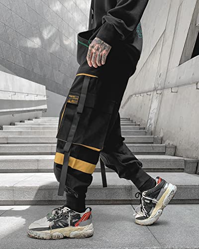 Ambcol Men's Jogger Pants Techwear Hip Hop Harem Pants Streetwear Tactical Track Pants With Drawstring Black-Yellow Medium #TOP3