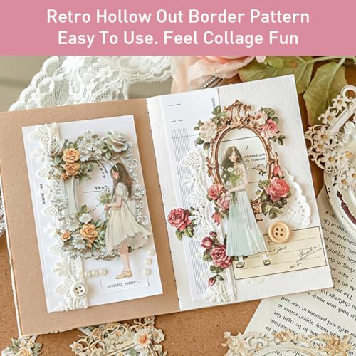 Image of HASTHIP 60Pcs Embossed Flower Lace Frame Scrapbook Paper, 6 Styles Hollowing Relief Flowers Vintage Paper Floral Window Frame Collage Paper Decorative Paper For Junk Journal Crafts Scrapbook