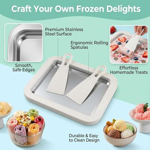 Image of Rolled Ice Cream Maker Kit, DIY Ice Cream Roll Tray with 2 Scrapers, No Electricity Required, Stainless Steel Freezing Plate for Rolled Ice Cream, Frozen Yogurt, Sorbet (White)