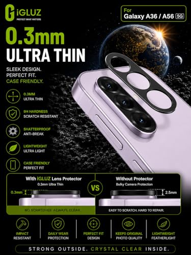 Image of iGluz Compatible with Samsung Galaxy A36 / A56 Camera Lens Protector (1 Pack) | Premium 9H Tempered Glass Camera Guard | Ultra Clear HD | Scratch Resistant | Bubble Free Easy Installation | Case Friendly Fit