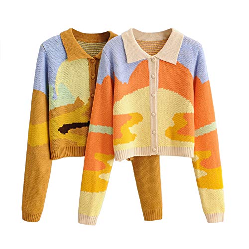 Women's Y2K Floral Print Sweater V Neck Long Sleeve Cardigan Sweater Open Front Button Down Sweet Coat Tops (Style 3-Apricot, M) #TOP1