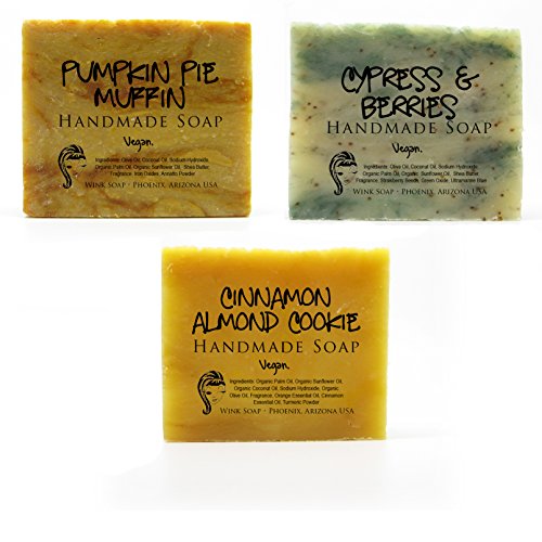 Handmade Soap Holiday Gift Set, Cinnamon Almond Cookie, Cypress & Berries, and Pumpkin Pie Muffin, Ready to Give Gift, Limited Edition, Vegan, Organic, 100% Natural