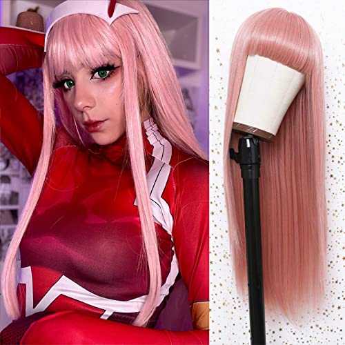 FUGADY Pink Wig with Bangs | Zero Two Wig Cosplay Wig Light Pink Wig Straight Wig with Bangs Synthetic Wig Heat Resistant Pink Wigs for White Women Egirl Wig Halloween Wig (Synthetic, 24 Inch)
