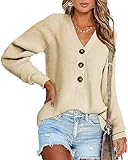 Picture of BTFBM Long Sleeve V Neck Button Down Sweater Solid Color Ribbed Knit Sweater Casual Relaxed Fit Pullover Loose Jumper (Solid Apricot, Small)