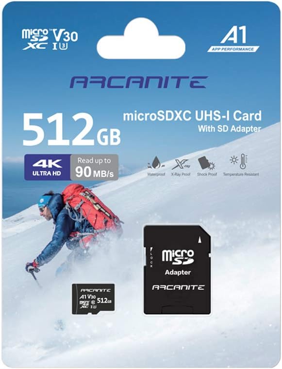Buy 2 get 3 ARCANITE 512GB microSDXC Memory Card with Adapter - A1, UHS-I U3, V30, 4K, C10, Micro SD, Optimal Read speeds up to 90 MB/s