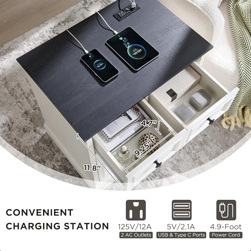 Image of ACCOHOHO 26 inch W Nightstands Set of 2, Farmhouse End Table with 4 Drawers for Storage, Nightstand with Charging Station for Bedroom, Off White