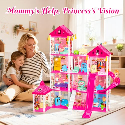 Image of 4-Story Doll House Large DIY Playhouse for Girls, Little Girl Dream House with Furniture, Animals Play Area & 2 Princesses Slide, Creative Construction Toy for Birthdays & Christmas
