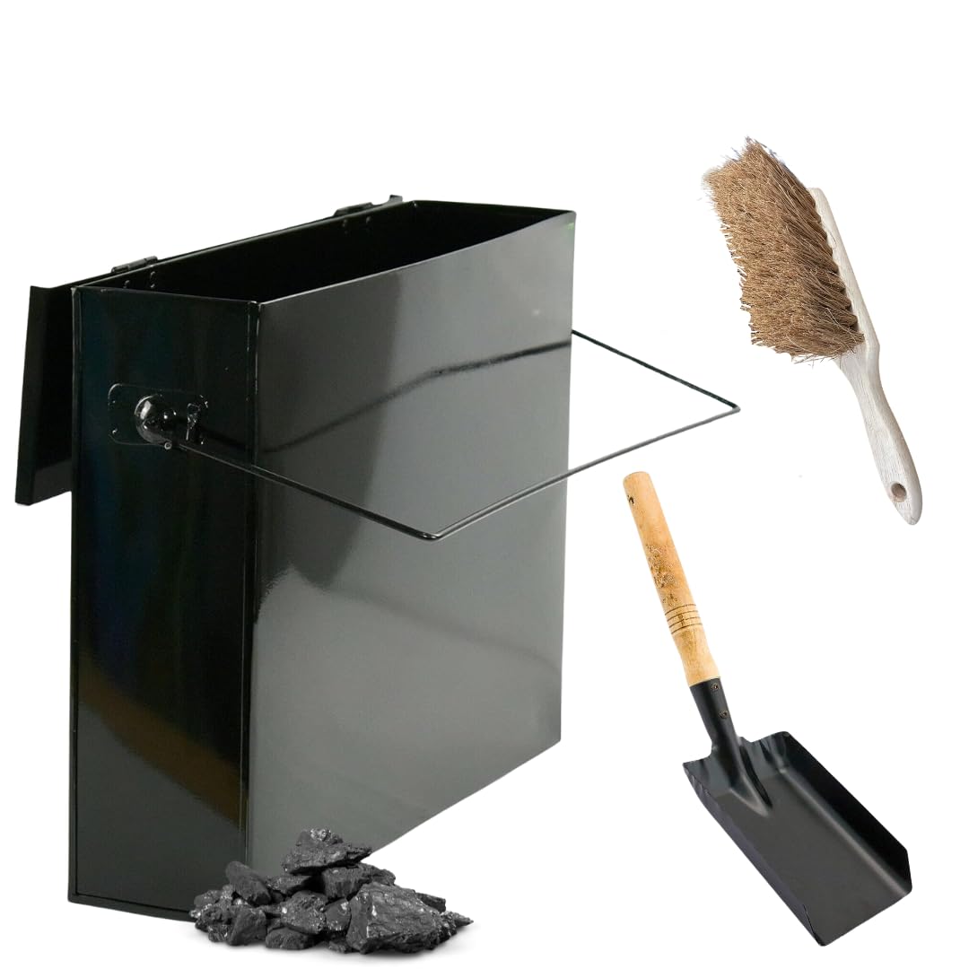 Trendi Black Trendi® Fireside Ash Carrier – Galvanised Metal Ash Storage Box With Shovel & Brush | Ash Bin & Container For Fireplace Cleanup | Ash Bucket For Fire Pits & Wood-Burning Stoves