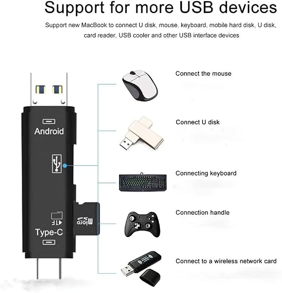 5 in 1 Multifunction Card Reader Compatible with LG Nexus 5X for Backup Expansion USB Type-C/MicroUSB/Tf/USB 2.0/ SD Card Reader (Black)