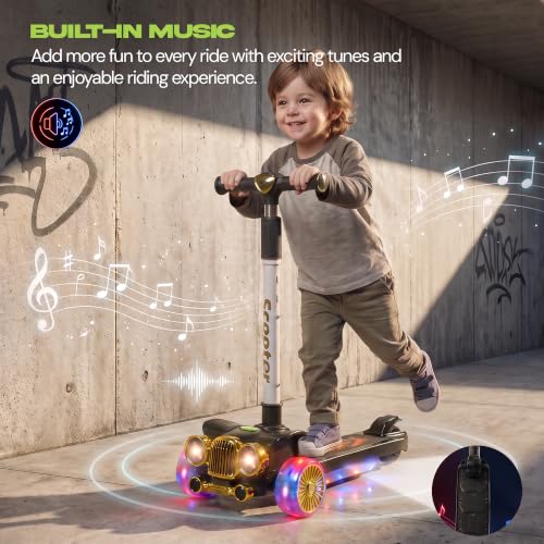 Image of Baybee Twirlo Baby Kick Scooters for Kids with 3 Height Adjustment | Foldable Skating Scooter with Foot Brake | Kids Scooter with RGB Lights & Music | Runner Scooters for Kid 2-10 Years (Black)