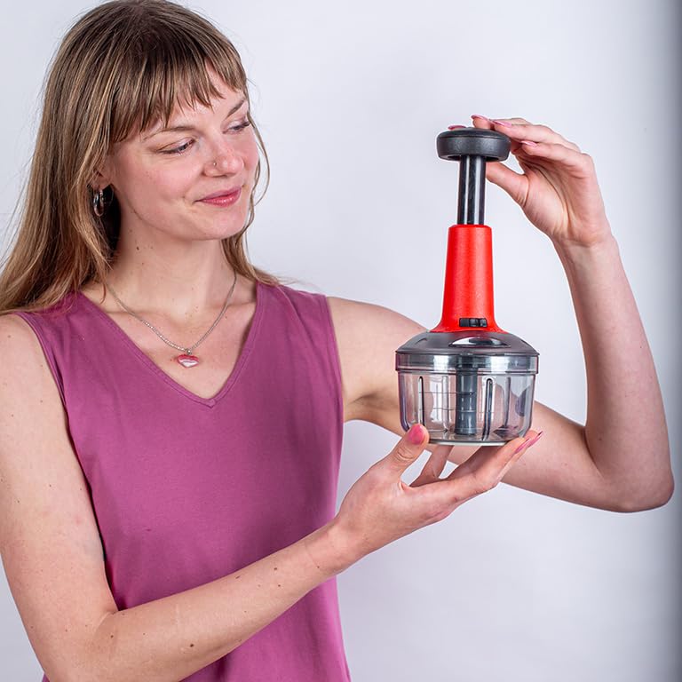 Image of INUS 2-in-1 Vegetable and Fruit Chopper Manual Hand-Press Push Chopper for Efficient Cutting of Onions, Salads, Tomatoes, and Potatoes. Features a Large with an Easy Push and Close Button - 600ml
