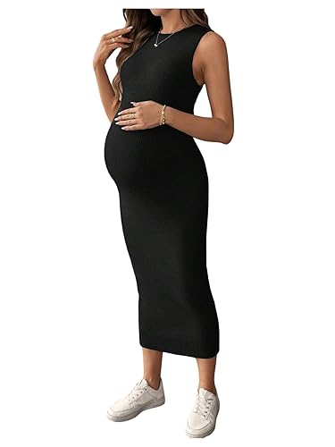 OYOANGLE Women's Maternity Ribbed Knit Tank Dress Sleeveless Bodycon Pregnancy