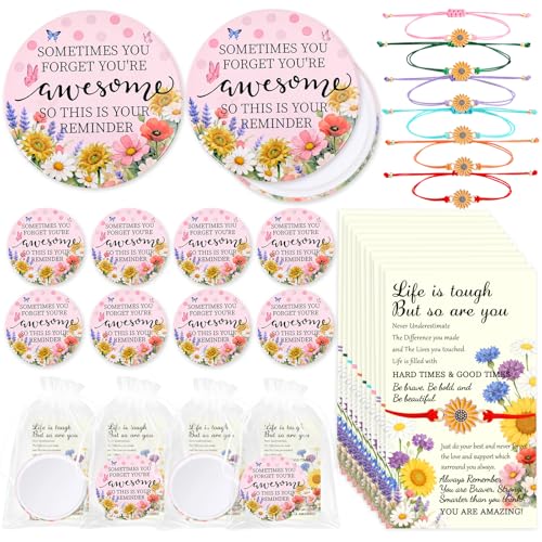 RUEGGVAT 24 Sets Mothers Day Bulk Gifts - Inspirational Compact Mirror with Sunflower Bracelet Cards Mini Pocket Mirror for Appreciation Volunteer Admin Employee Teacher Nurse 96-Piece