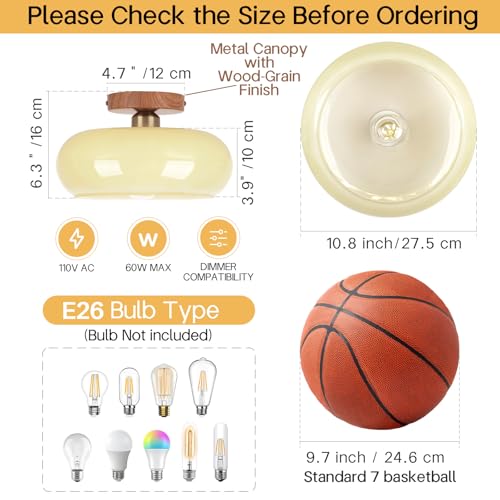 Image of Mid Century Modern Schoolhouse Semi Flush Mount Ceiling Light, Cream Glass Lamp with Wood Grain Metal Base, Rustic Farmhouse Lighting Fixture for Bedroom, Hallway, Dining, Living, Entryway