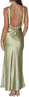 Womens Elegant Satin V Neck Backless Sleeveless Maxi Dress Silk Tie Low ...