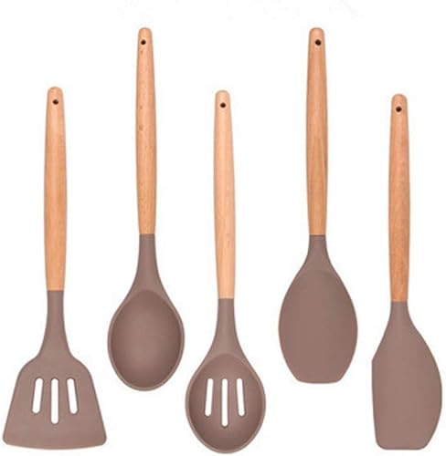 TREXD - Utensilios de cocina de silicona con mango de madera utensilios de cocina juego de espátula pala y cuchara para el hogar con caja de