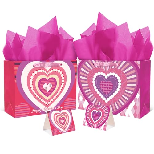qiqee Heart Valentine Gift Bag with Tissue Paper Wide Large Present Wrap Bags for Women Girlfriend Classroom Happy Valentine's Day (2 PCS Large + Tissue Papers)