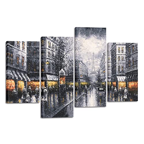 Wieco Art Paris Street Canvas Prints Wall Art By Black And White Europe City Buildings Oil Paintings Reproduction Picture For Home Decorations Large Modern 4 Panels Framed Giclee Cityscape Artwork #TOP13