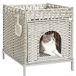 Homegroove Cat Litter Box Enclosure Furniture, Hidden Litter Box with Soft Mat and Fence, Comfortable Handwoven Rattan Cat House with S-Shaped Hooks for Living Room, Bedroom (Grey)