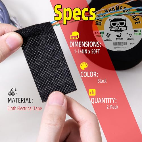Image of Breliter Wire Harness Tape - 2Pack High Temp Wiring Harness Self-Adhesive Auto Electrical Cable Fixed Tape Noise Damping Protection Insulation Tape - 1-1 /4 Inch Wide 100 Feet Long Total