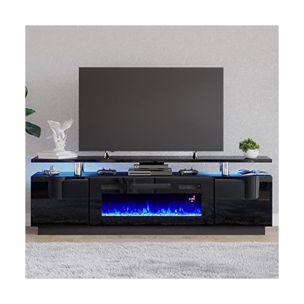 Amerlife TV Stand with 36in Fireplace, 70in Modern High Gloss Entertainment Center LED Lights, 2 Tier Console Cabinet for TVs Up to 80in, Black