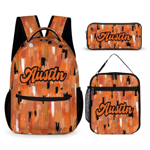 Colorful Orange Black School Bag Set Custom Name Backpack Lunch Box Pencil Case, Personalized Elementary Primary Kids Book Bag