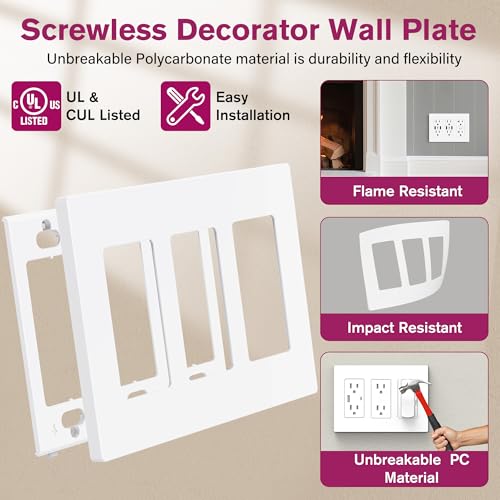EMITEVER 3-Gang Screwless Decorator Wall Plate Cover for Receptacle Outlet & Light Switch, Standard Size 4.53"H x 6.38"W, Unbreakable Thermoplastic Faceplate, UL Listed, Matte White 1-Pack by EMITEVER - Image 3