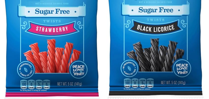 Paquete de 2 caramelos de regaliz sin azúcar, regaliz negro original y fresa roja, suave y masticable, cada sabor