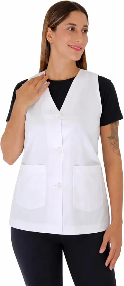 Jaleco Feminino Branco sem Manga, Gola V com Botões, Uniforme Profissional para Enfermagem, Estética, Professora e Laboratório