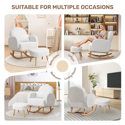 Image of Rocking Chair Nursery with Ottoman, Upholstered Glider Rocker with High Backrest and Side Pocket, Rocking Accent Armchair with Solid Wood Legs for Nursery /Living Room /Bedroom White