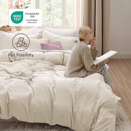 Image of Bedsure Oat Milk Duvet Cover King Size - 3 Pieces Prewashed Cotton-Like Polyester Extra Soft Bedding Set, Includes 1 Duvet Cover 104x90 Inches with Zipper Closure & 2 Pillow Shams, No Comforter