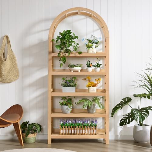 YUCHIATH 5-Tier Solid Wood Open Bookcase, Modern Arched Bookshelf, Home Office Shelf Storage Organizer, Storage Display Rack Shelf for Living Room (Natural)