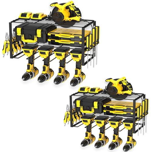 smusei 2 Stück Werkzeugspeicher Wandhalterung, 3 Ebenen Metall Werkzeughalter Werkstatt Organizer, Professional Heavy Duty Werkzeugregal für Bohrer Akkuschrauber usw