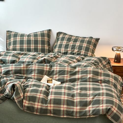 Image of EAVD Vintage Style Green Plaid Duvet Cover Full Soft 100% Washed Cotton Red Green Grid Checkered Bedding Set with 2 Pillowcases Retro Farmhouse Geometric Grid Duvet Cover with Zipper Closure