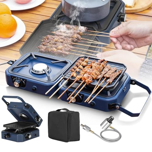 Fornello da campeggio a 2 fuochi a gas portatile con piastra, 16000 BTU bruciatori regolabili e accensione piezoelettrica per barbecue, viaggi su strada, cucina di emergenza