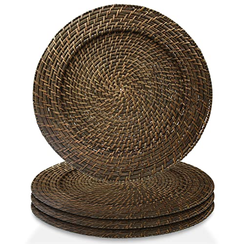 Charge it by Jay Rattan Charger Plate Large 13” Decorative Service Plate for Home & Professional Fine Dining Perfect for Upscale Events, Dinner Parties, Weddings, Banquets, Catering, Brown, Set of 4 by ChargeIt by Jay - Used condition - US$24.37