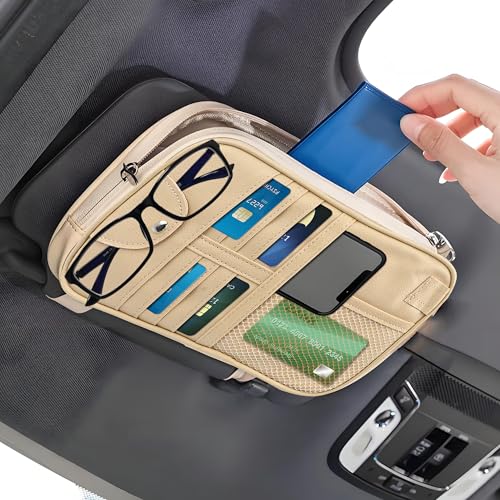 Upgrade Car Visor Organizer,Multipurpose Car Sun Visor Organizer with Sunglasses Holder for CCar Storage Bank Cards,Driver's License,PU Leather Truck VVisor Organizers for Most Vehicles (Beige)