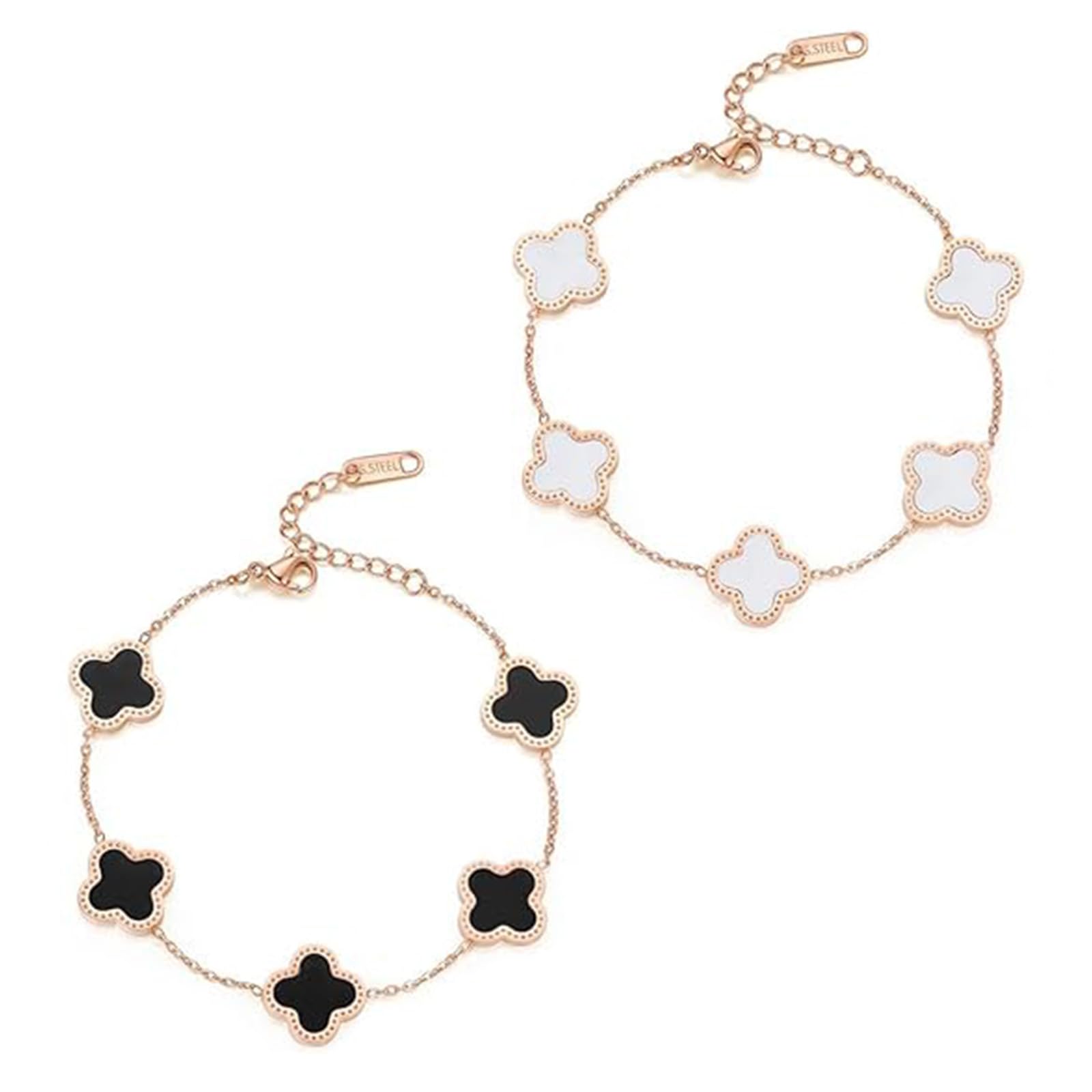 ZPLASK2 Pcs Clover Bracelet, Four Leaf Clover Design, Lucky Fashionable Friendship Bracelet for Women Girls (Black+White)