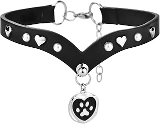 Cat Paw Heart Pendant Necklace for Women Geometric V Shape Choker Necklace Leather Round Bead Rivets Adjustable Link Chain Halloween Easter Goth Punk Jewelry