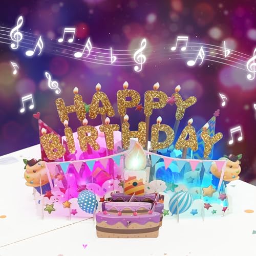 3D Pop Up Birthday Card with Music,Lights & Blowable Candle Funny Interactive Happy Birthday Greeting for Mom,Dad,Daughter,Son,Sister Friends Unique Personalized Gift (Card B-Cake)