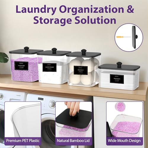 3+1 Pack Clear Laundry Pods Container & Dryer Sheet Holder, Plastic Square Laundry Room Organization and Storage Jars with Black Lids, Scoops & Labels for Detergent, Powder, Dryer Balls - Image 5