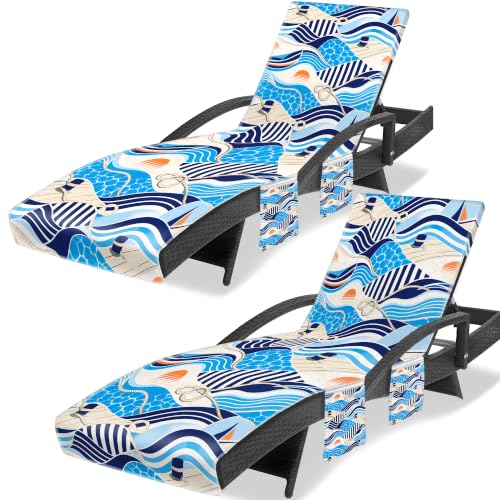 Lounge Chair Towel Cover (Pack of 2), Tie Dye Style Chaise Lounge Cover, Beach Chair Covers with Pockets for Pool Beach Garden Courtyard Outdoor Trips, 85 x30 in, Waves Light Blue