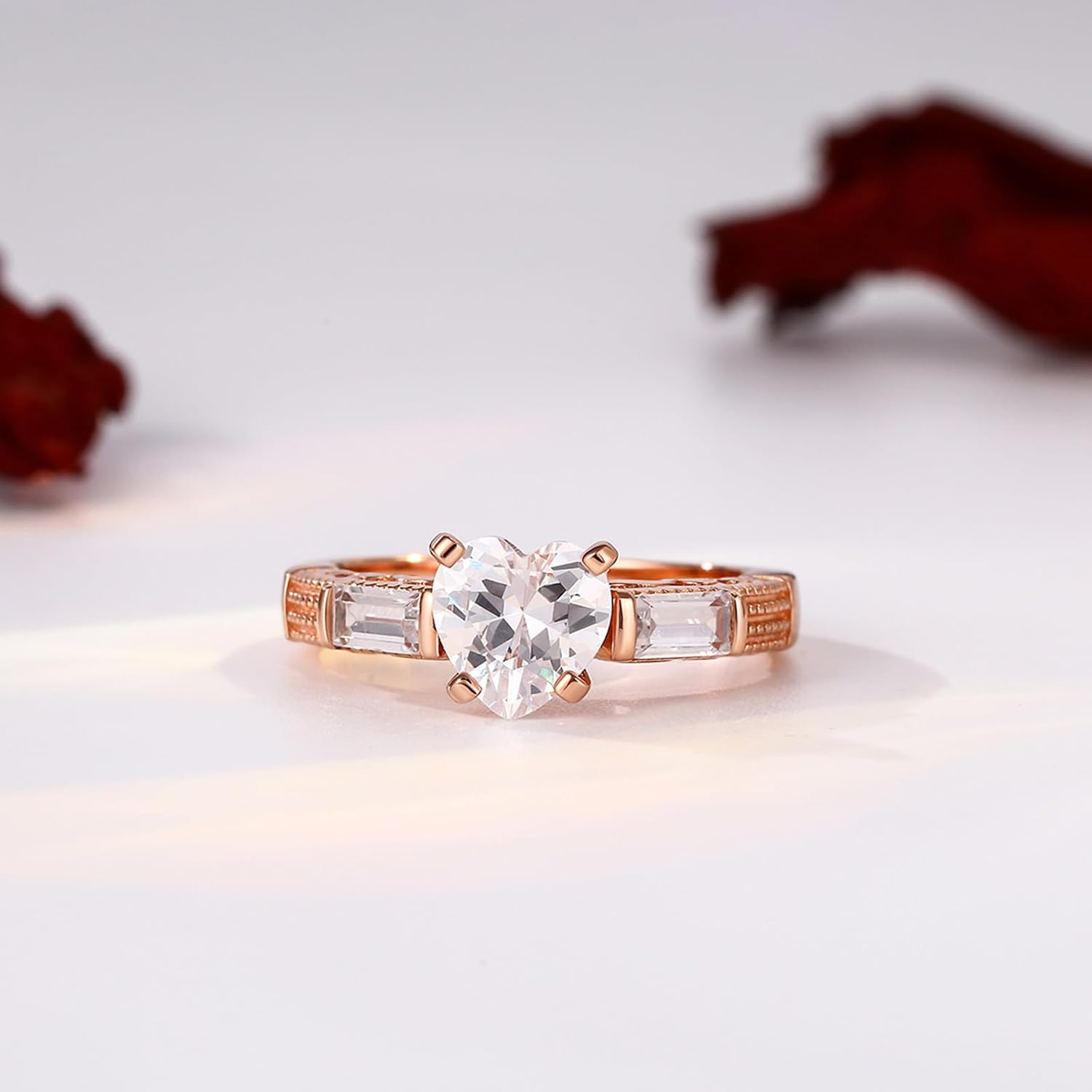 Jeulia 2.3 ct Diamond Ring Rose Gold Three Stone Heart Cubic Zirconia Crystal Band Moissanite Engagement Ring For Women Halloween Christmas Gifts with Jewelry Box - Image 8