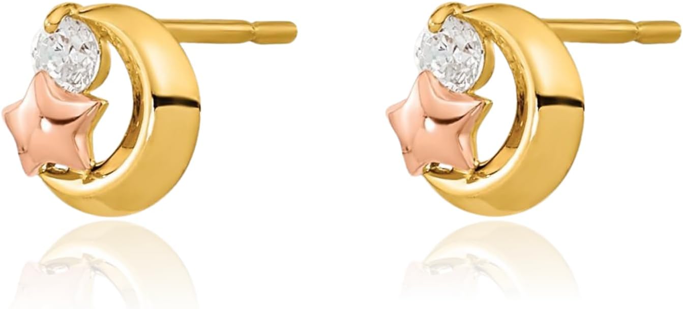 IceCarats 14K Solid Two Tone Gold Cubic Zirconia Medium Moon Star Stud Earrings 6mm 1/4 inch Round Cut, Prong Set, Butterfly Back For Her