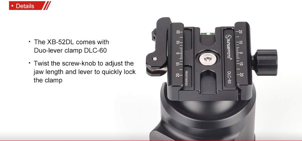 SUNWAYFOTO XB-52DL Tripod Ball Head w Arca Compatible Duo Lever Screw Clamp Low Profile 132lb Max Load