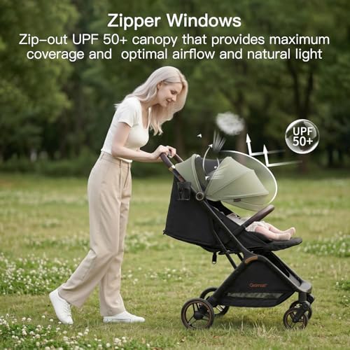 Image of Gromast Gravity Folding Baby Stroller - Portable Travel Toddler Stroller w /Adjustable Backrest, Canopy & Cup Holder, Lightweight and UV Protected, One-Hand Automatic Folding - Green