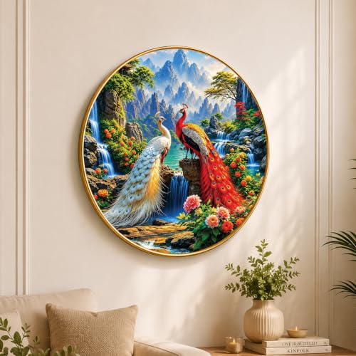 Image of PAINTINGMANTRA Pair of Peacocks Vastu Framed Wall Art Painting For Living Room, Waterfalls & Mountains Poster with frame for Wall, Decoration item for bedroom & Home, 23 Inch