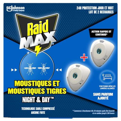 Raid Max Recharges Diffuseur Electrique Liquide Night & Day - Anti-Moustiques et Moustiques Tigres - Protection Longue Durée Jour & Nuit - Sans Parfum - 2 Recharges